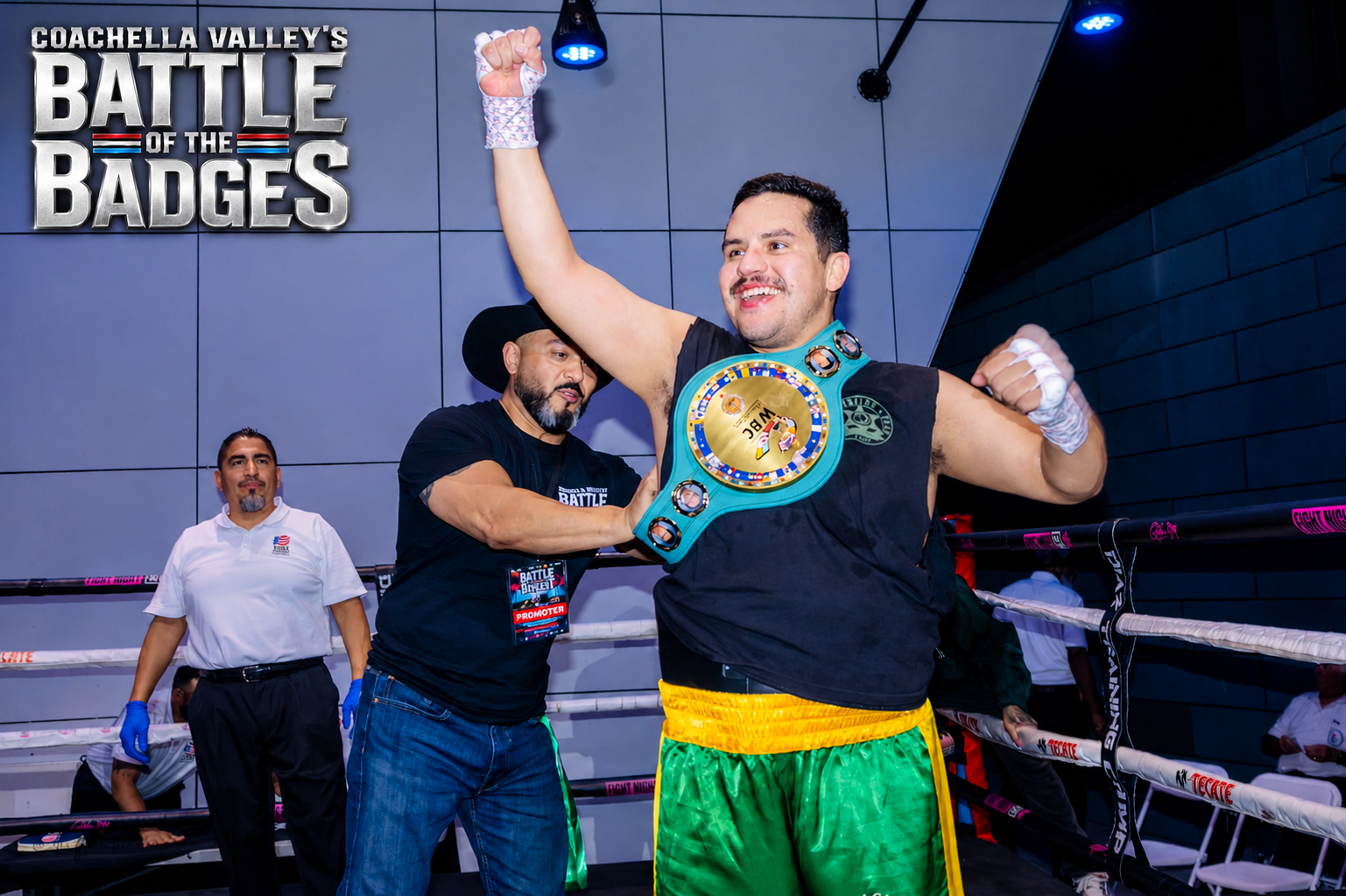 A Battle of the Badges fighter celebrating with a championship belt