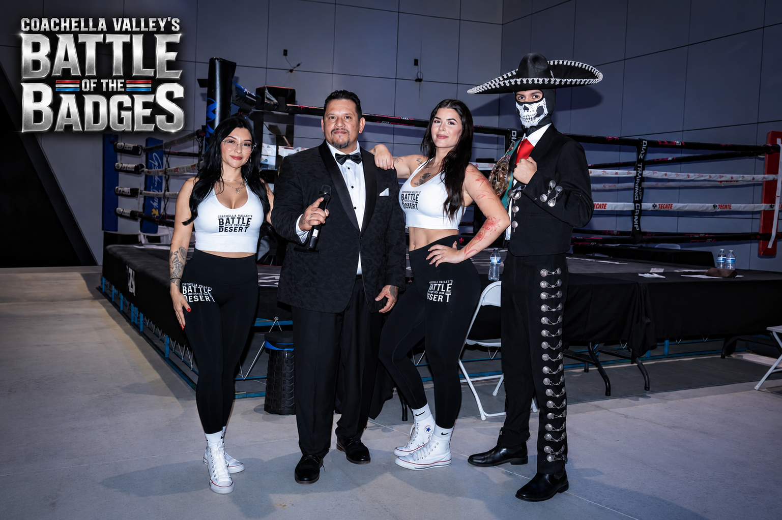 Battle of the Badges ring crew posing near the boxing ring